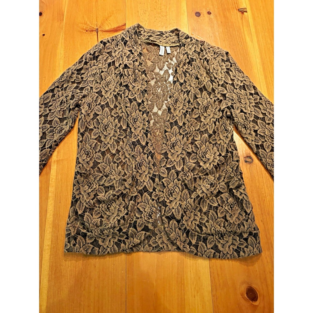 Madison Women's M Brown Black Floral Lace Open Front Cardigan Boho Sheer
